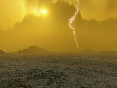تصوری خیالی از سطح زهره که طوفان‌های آذرخش و آتشفشانی را در دوردست نشان می دهد.