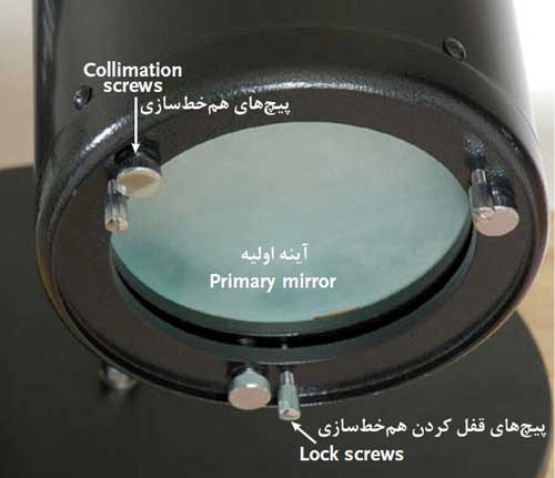 پیچهای پشت محفظه نگهدارنده آینه اولیه در همخطسازی آسان تلسکوپ