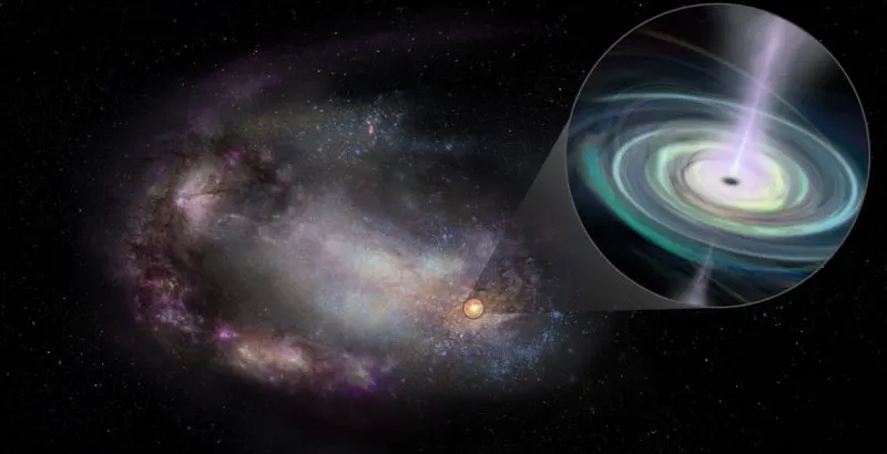 کهکشان نامنظم با نمای نزدیک سیاهچاله که توسط قرص برافزایشی احاطه شده است.