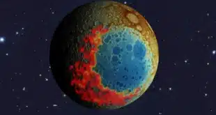 یک تصویر هنری از ماه که لایه بزرگی از مواد KREEP را در اطراف حوضه قطب جنوب-آیتکن نشان میدهد.